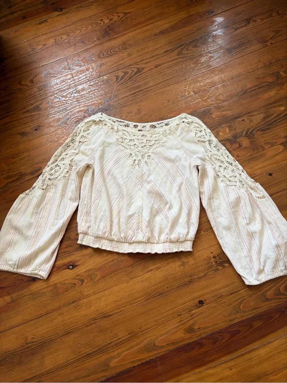 Free People Floating Memories Blouse Retro Crochet Lace Ivory size L Boho